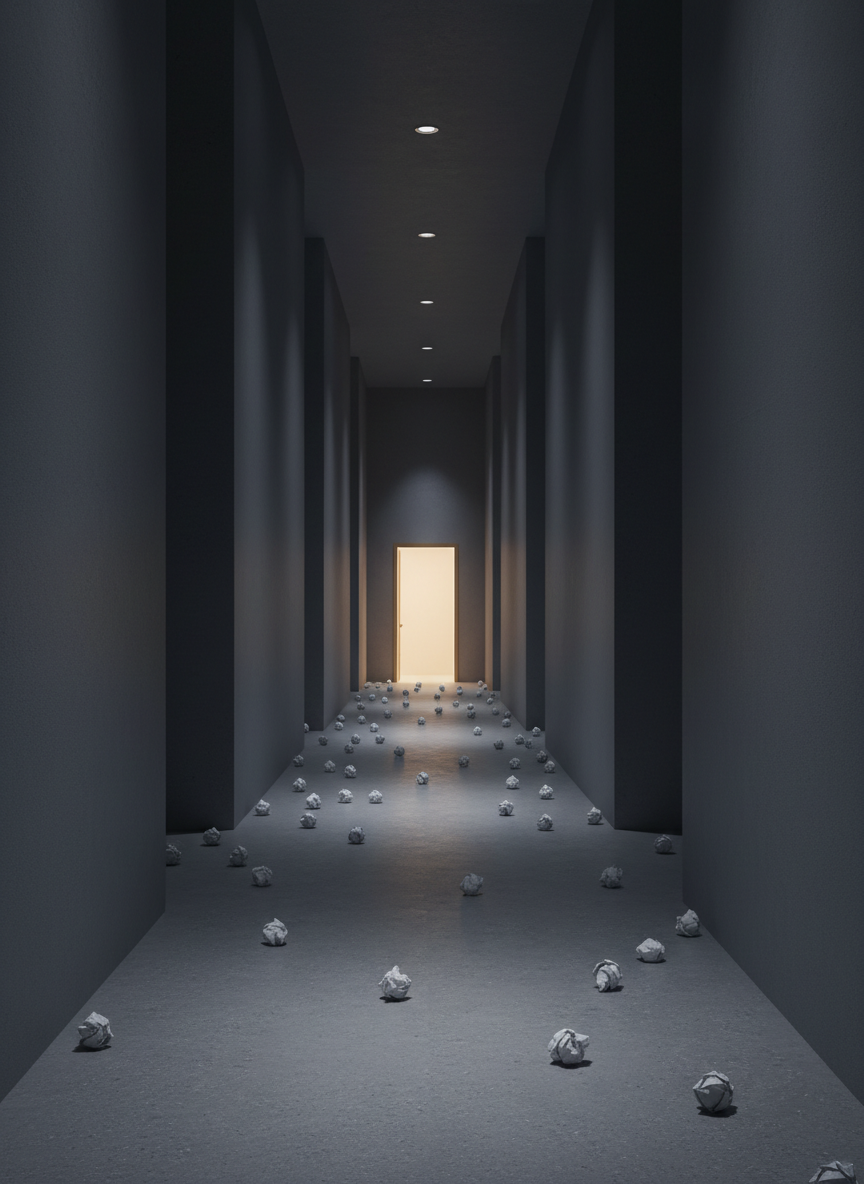 A narrow hallway formed by tall, matte-gray walls resembling a minimalist labyrinth, with a single open doorway at the far end glowing with warm, golden light. The floor is smooth concrete with subtle texture, scattered with small, crumpled pieces of paper symbolizing anxious thoughts left behind. Overhead, dim recessed lights cast soft, directional beams, deepening the shadows along the walls while guiding the eye forward. Photographic realism with a centered, leading-lines composition, shot from a low angle to emphasize depth and perspective. The atmosphere is tense but hopeful, reflecting the journey through anxiety toward clarity and coping, without showing any human presence.
