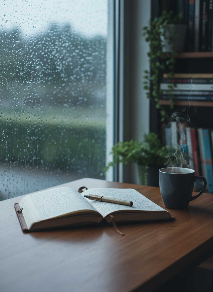 A meticulously organized writing desk symbolizing the inner landscape of the mind, with an open, slightly worn leather journal at the center, filled with small, illegible lines suggesting personal reflections. A dark ceramic mug of herbal tea sits nearby, faint steam rising. The desk stands near a large window on a rainy day, droplets tracing paths down the glass. Soft, cool daylight filters in, creating gentle shadows and subtle reflections on the wooden surface. In the background, blurred shelves hold a mix of books and plants. Photographic realism, eye-level composition with shallow depth of field, calm yet introspective mood, conveying both the weight of depression and the quiet possibility of healing through writing and self-reflection.