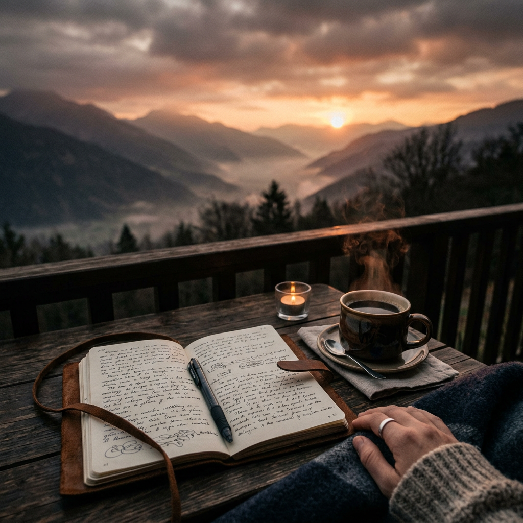 Open journal with pen, steaming coffee cup, candle on wooden table overlooking mountains at sunrise