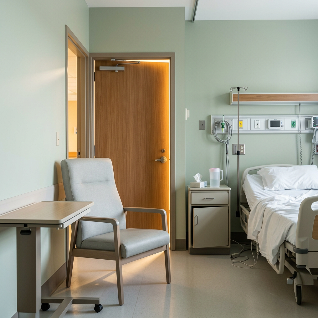 Empty hospital room with worn chair, bed with white sheets, and open door letting in light