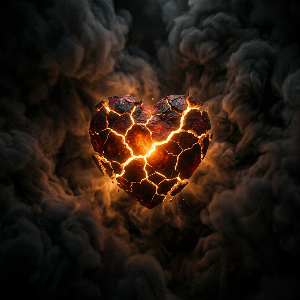 Heart shape cracked and glowing with molten lava light