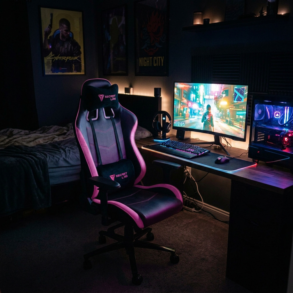 Gaming chair and desk with curved monitor displaying a vibrant cityscape game
