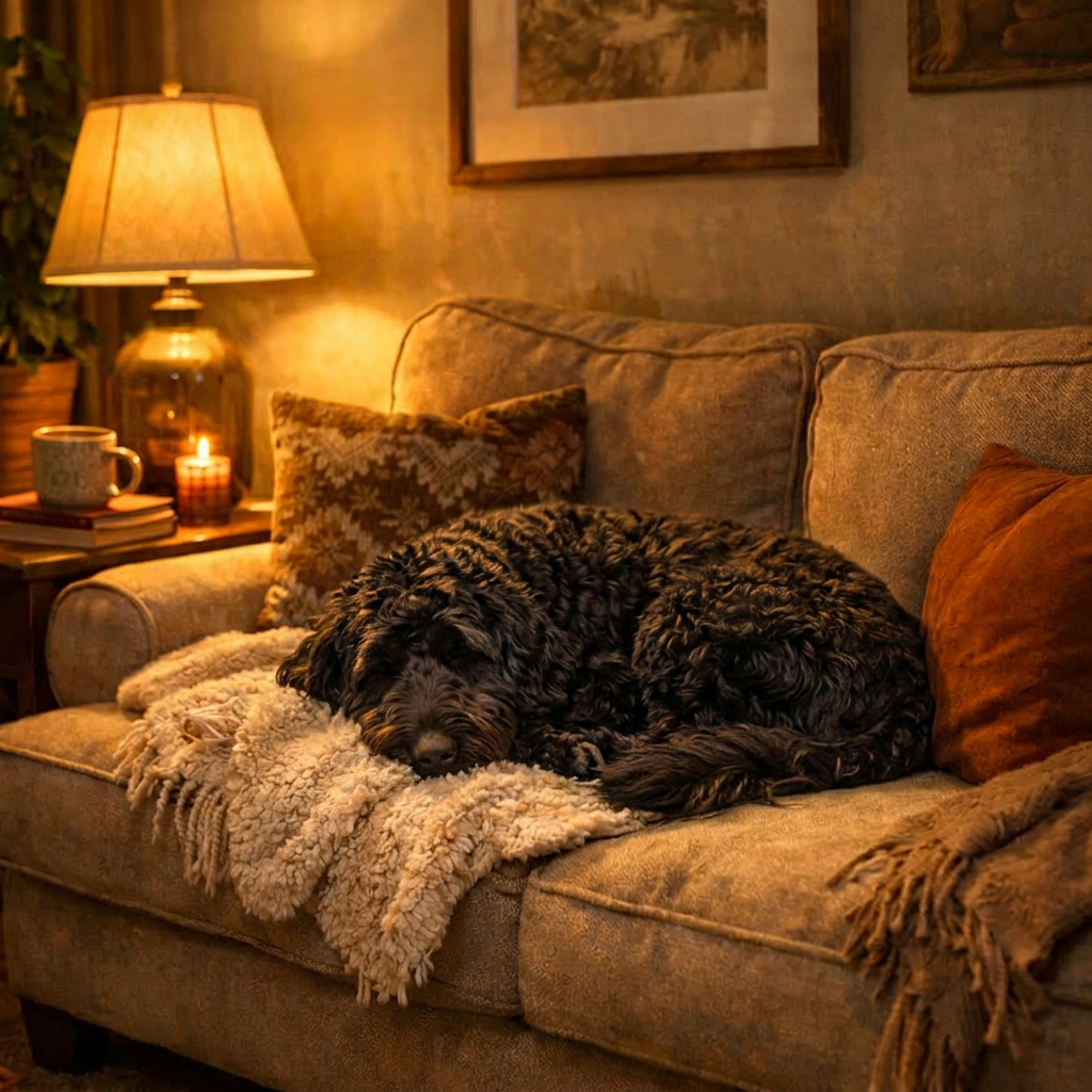 Golden retriever sleeping curled up on a beige couch with cushions and a blanket