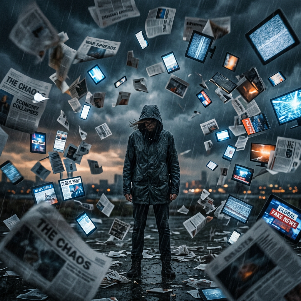 Person in hooded jacket surrounded by flying newspapers and digital screens with headlines about fake news and global panic