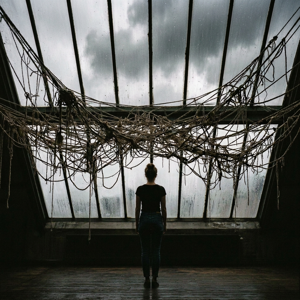 Silhouetted person facing a large glass ceiling with tangled ropes hanging overhead